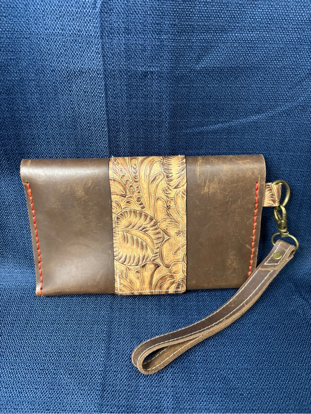 Brown Tooled Leather Wristlet Clutch with Contrast Stitching